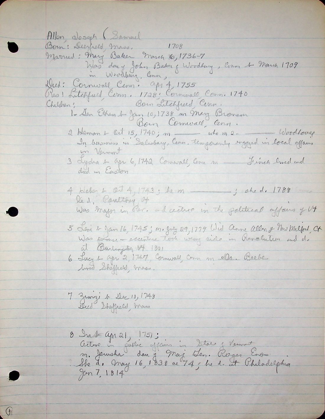 ALLEN, Joseph (b. 1708 Mass. d. 1755 Conn.) 1 BAKER BRONSON WOODHOUSE FINCH BEEBE ALLEN ENOS Ethan Allen's father